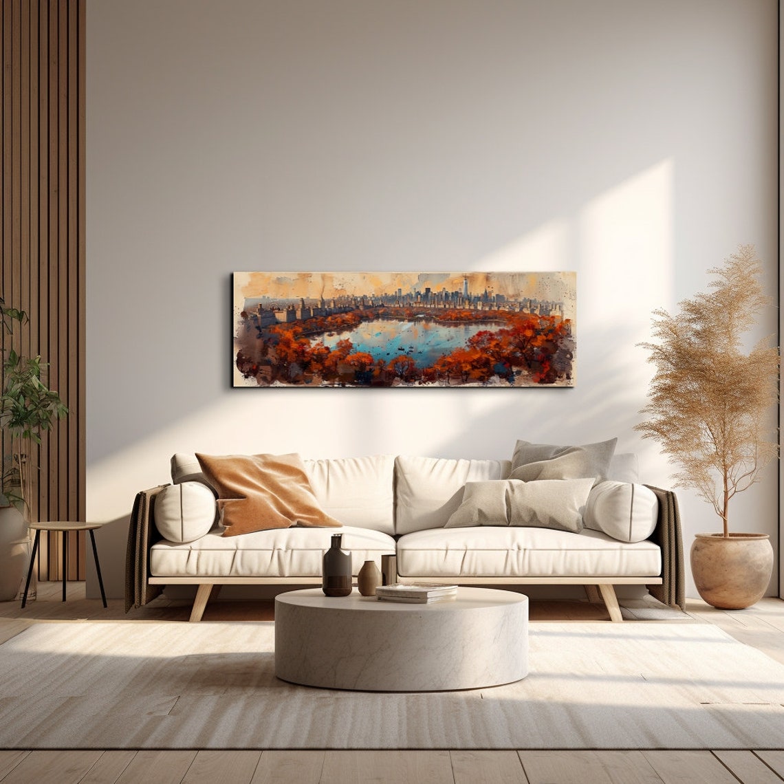 Central Park Lake Autumn Watercolor Skyline Panorama Wall Art