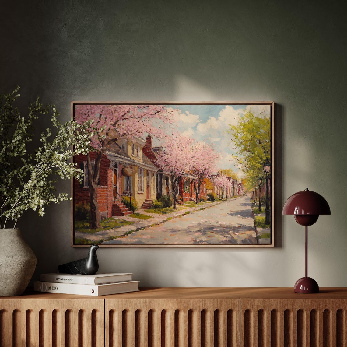 Cherry Blossom Street Springtime Brick Townhouse Row Scene Wall Art - Image 5