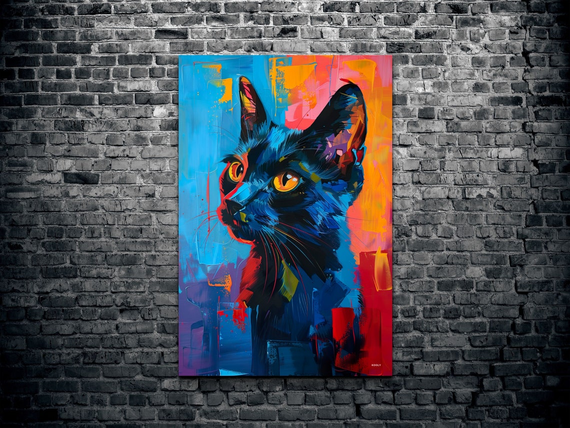 Black Cat Portrait Neon Pop Art Pink Blue Background Wall Art - Image 2