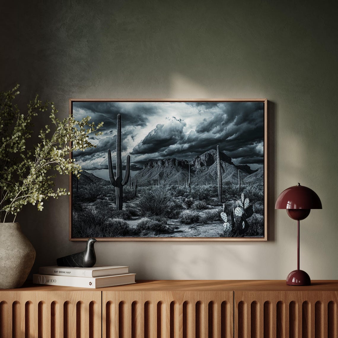 Moody Desert Wall Art Black And White Cactus Print Stormy Southwest Landscape Saguaro Cactus Mountain Scene Western Decor - Image 3