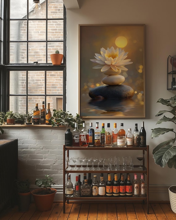 Zen Flower Canvas Art Tranquil Stones And Water Reflection Painting Peaceful Meditation Wall Decor Serene Nature Artwork