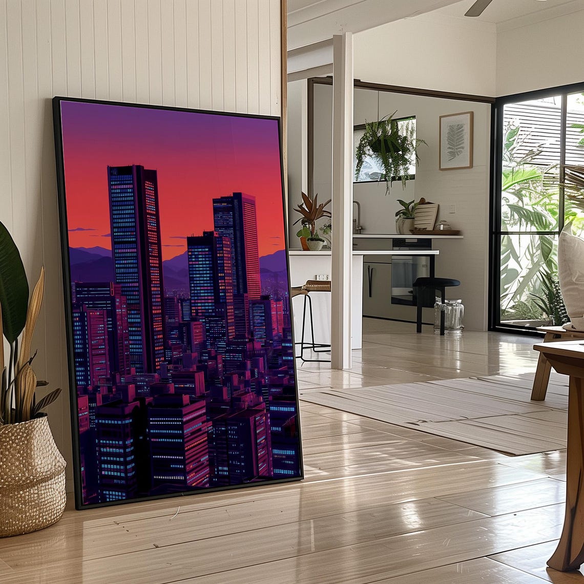 Neon City Skyline at Dusk Urban Night Poster for Modern Living Room