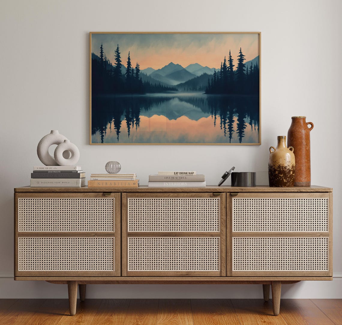 Moody Mountain Lake Serene Sunset Reflection Wall Art Dark Forest Landscape Print Misty Nature Painting Tranquil Cabin Decor - Image 5