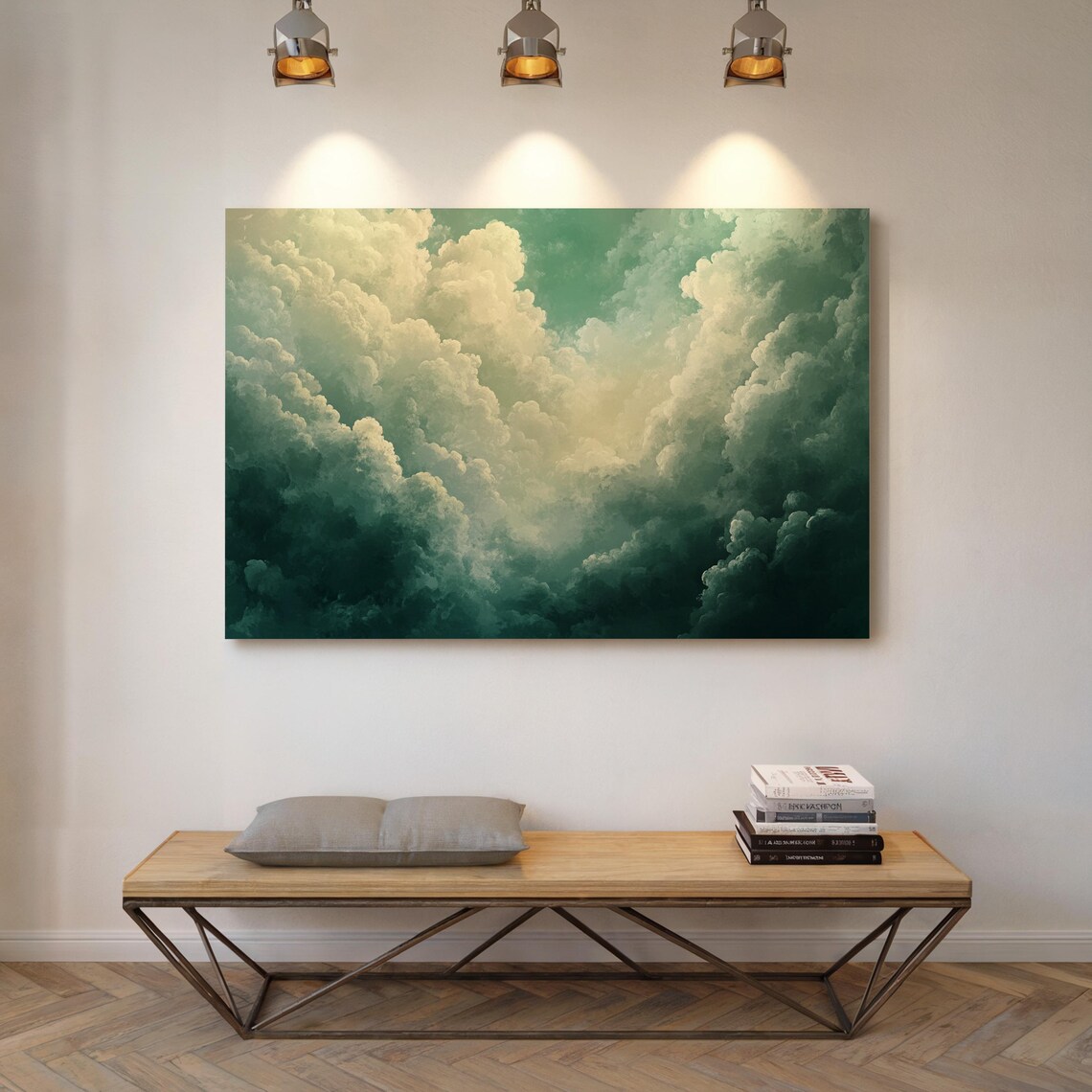 Majestic Towering Cumulus Clouds Green Cream Vintage Sky Wall Art - Image 4