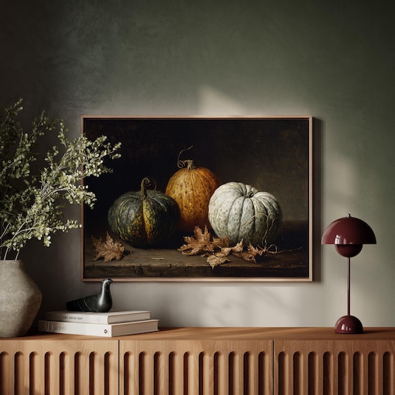 Vintage Pumpkin Still Life Canvas Wall Art Rustic Autumn Harvest Painting With Fall Leaves Farmhouse Seasonal Kitchen Dining Decor
