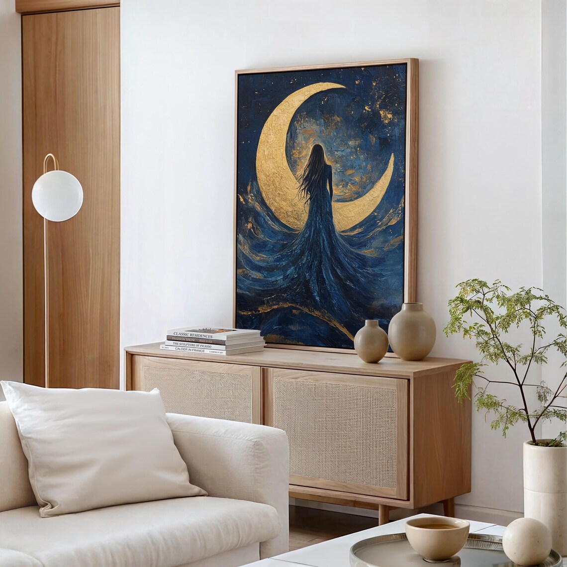 Celestial Woman Blue Flowing Dress Golden Crescent Moon Mystical Poster - Image 6