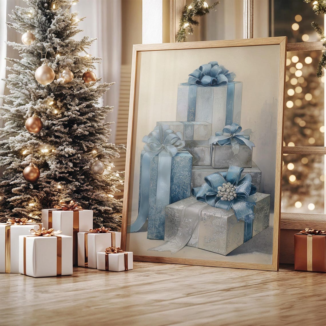 Elegant Blue and Silver Holiday Christmas Gift Boxes With Bows Poster
