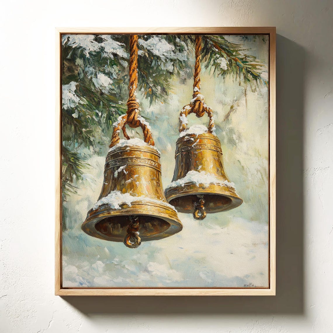 Golden Bells Hanging From Ropes Against Snowy Evergreens Art Print - Image 4