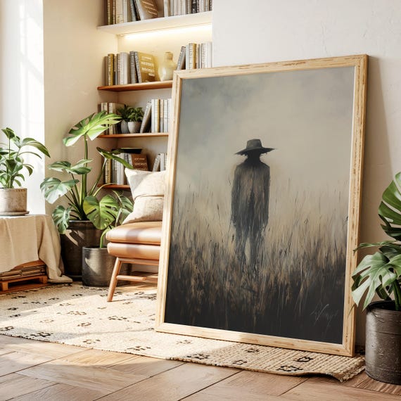 Mystery Figure In Fog Canvas Wall Art Dark Silhouette Field Moody Western Painting Eerie Minimalist Cowboy Poster