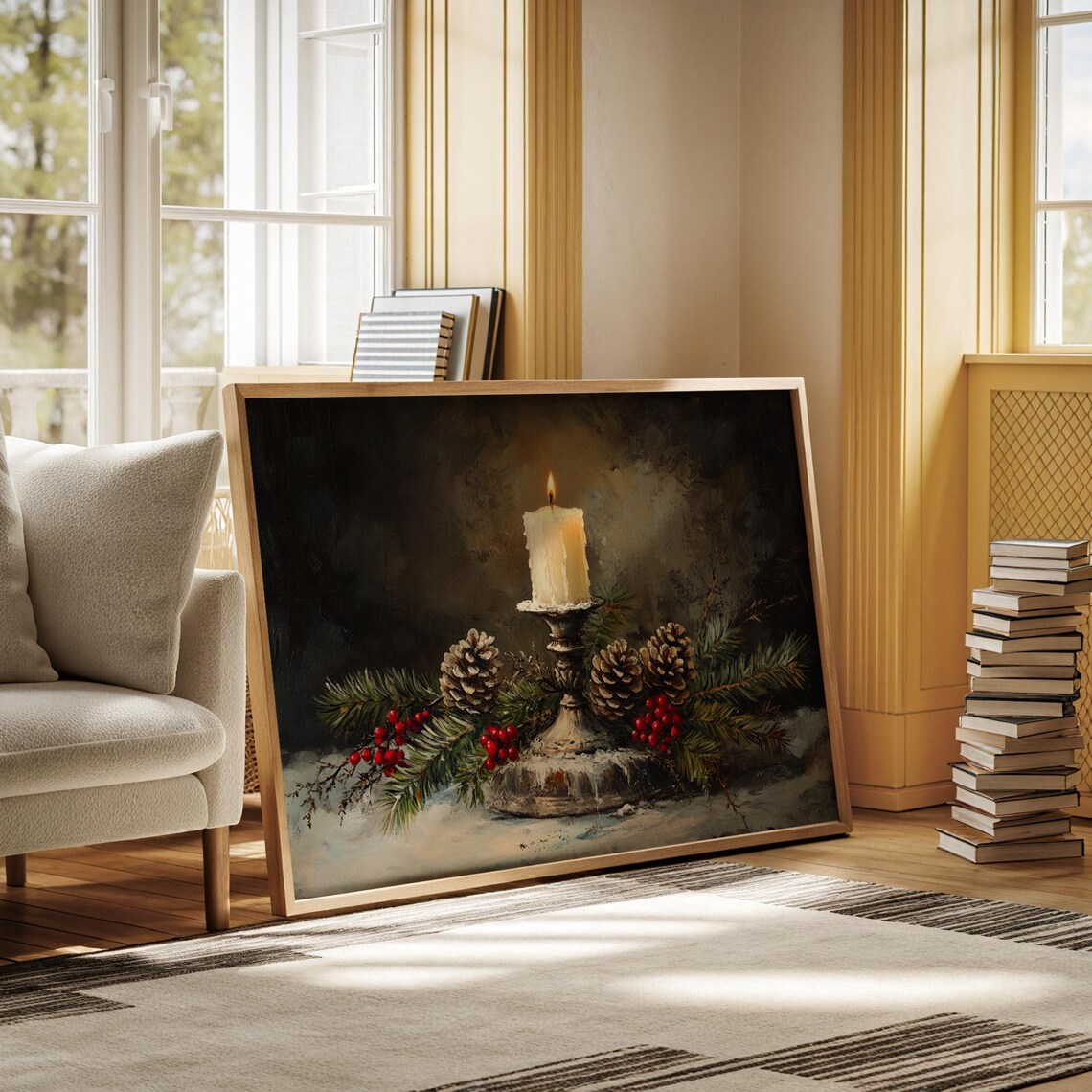 Rustic Christmas Candle Artwork, Festive Pinecones - Image 5