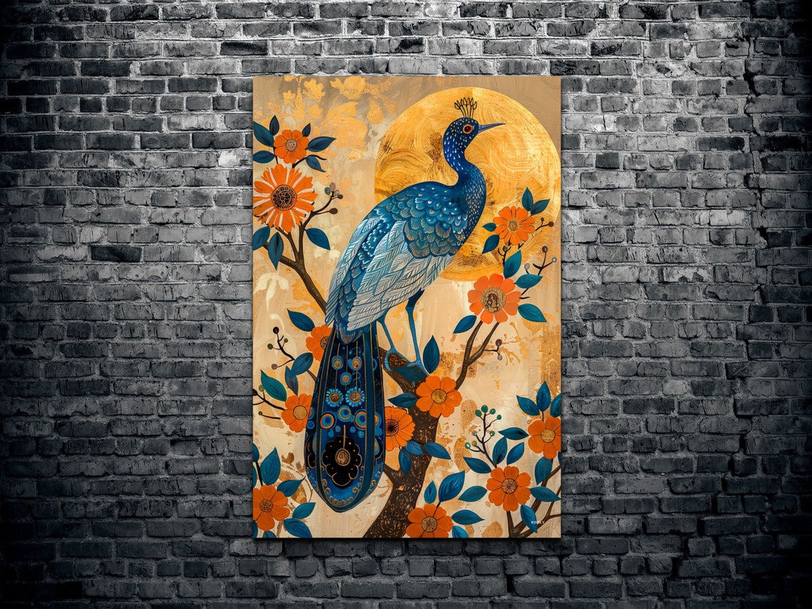 Peacock Folk Art Blue Gold Blossom Decorative Bird Wall Print - Image 2