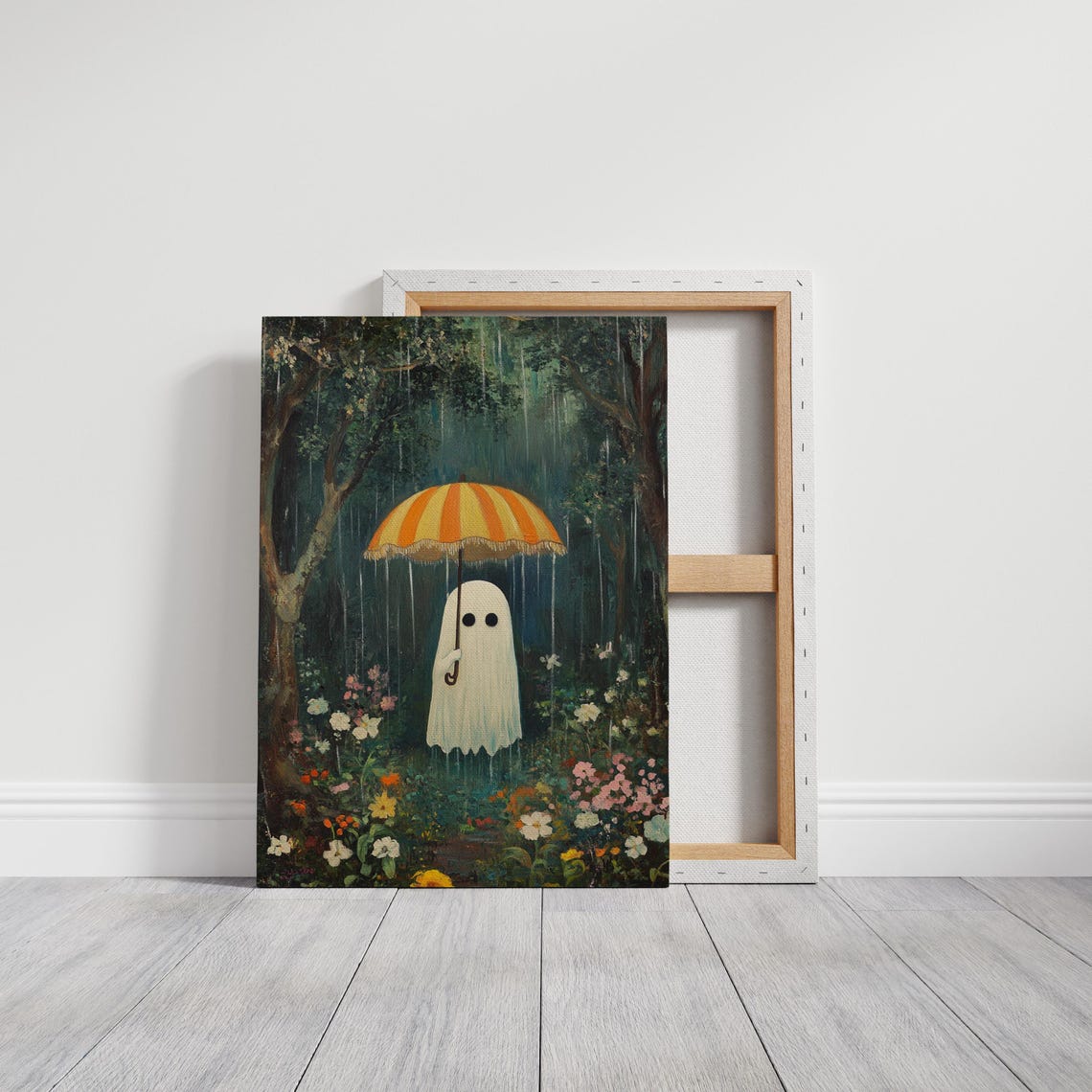 Whimsical Ghost In Rain With Umbrella Vintage Forest Scene Poster - Image 3
