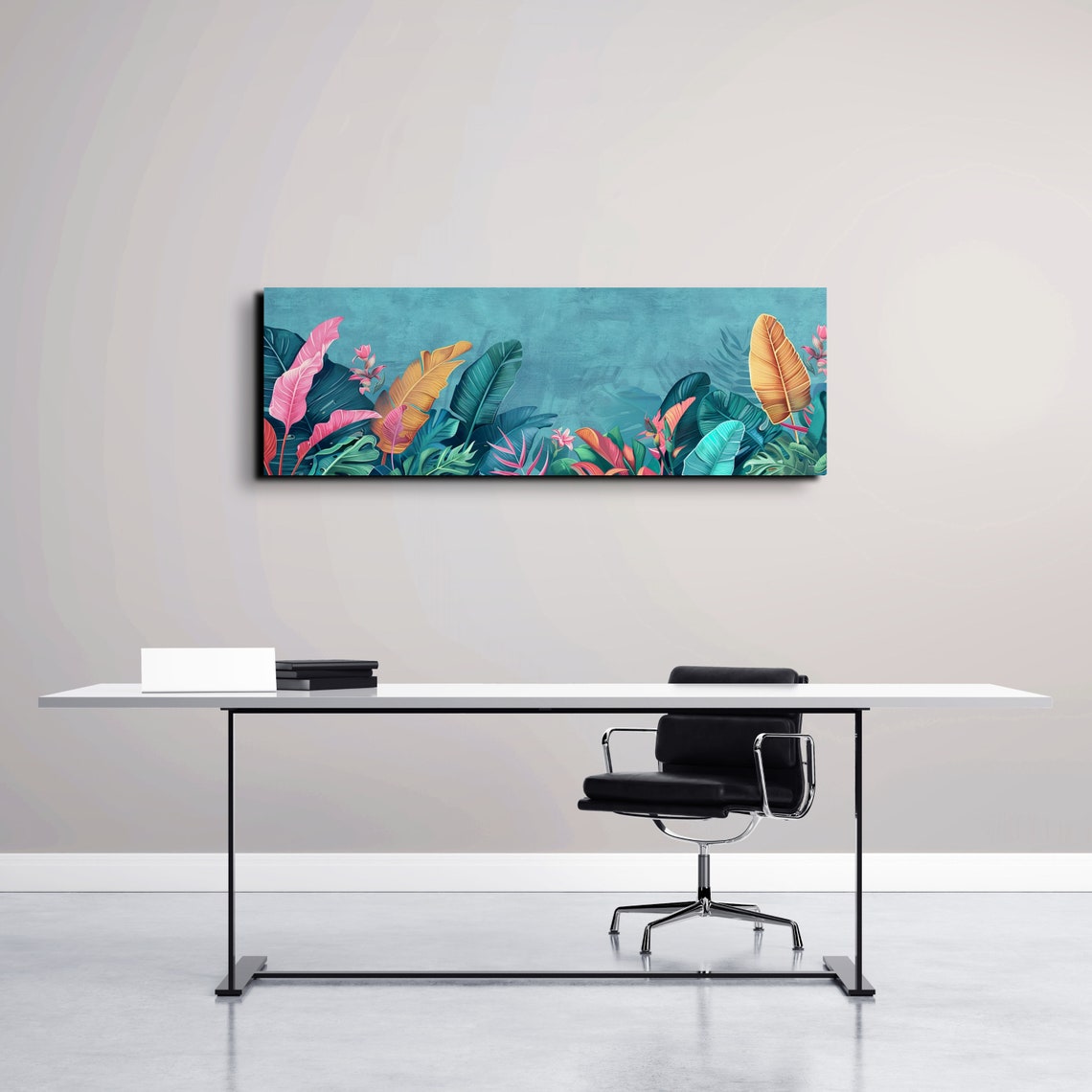 Colorful Tropical Leaves in Pink and Teal Panoramic Wall Art - Image 6