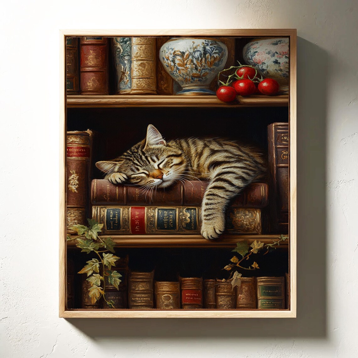 Sleeping Tabby Cat On Bookshelf Vintage Art Print - Image 6