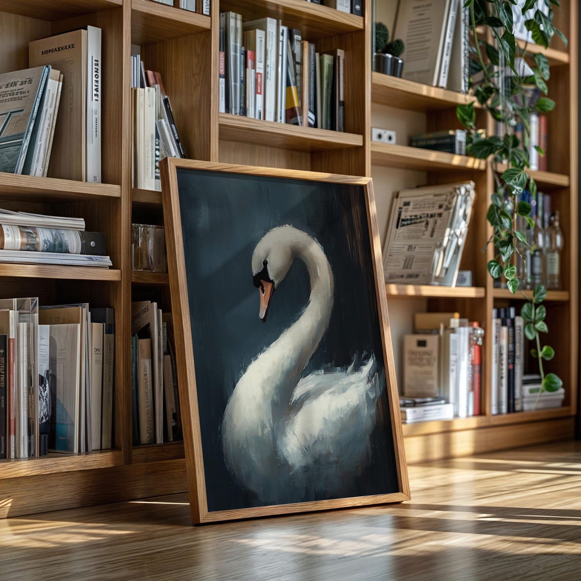 Graceful White Swan With Arched Neck Dark Oil Painting Wall Art
