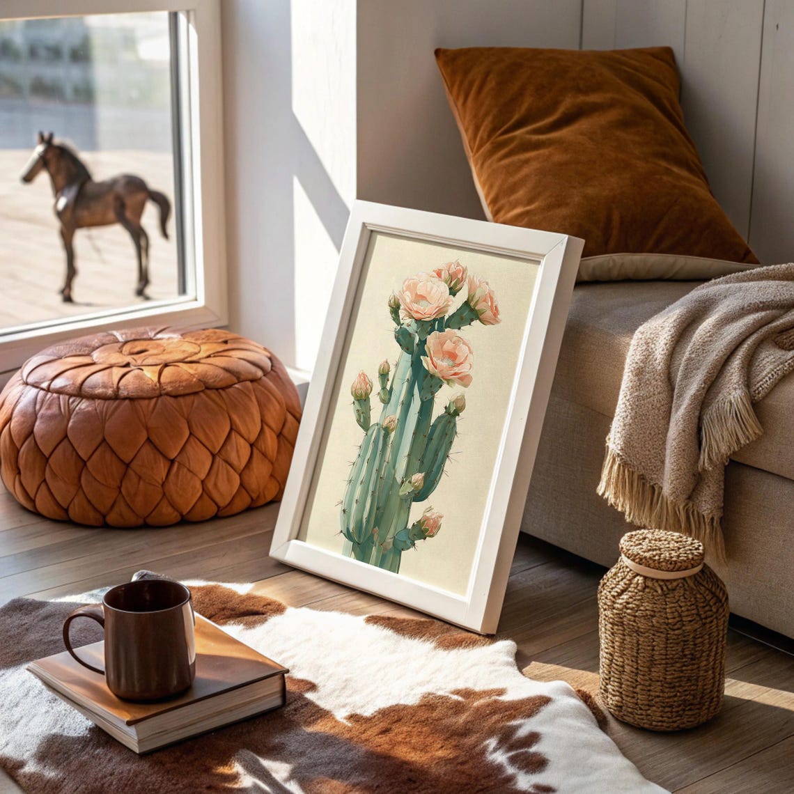 Blooming Cactus with Soft Pink Flowers Botanical Illustration Poster