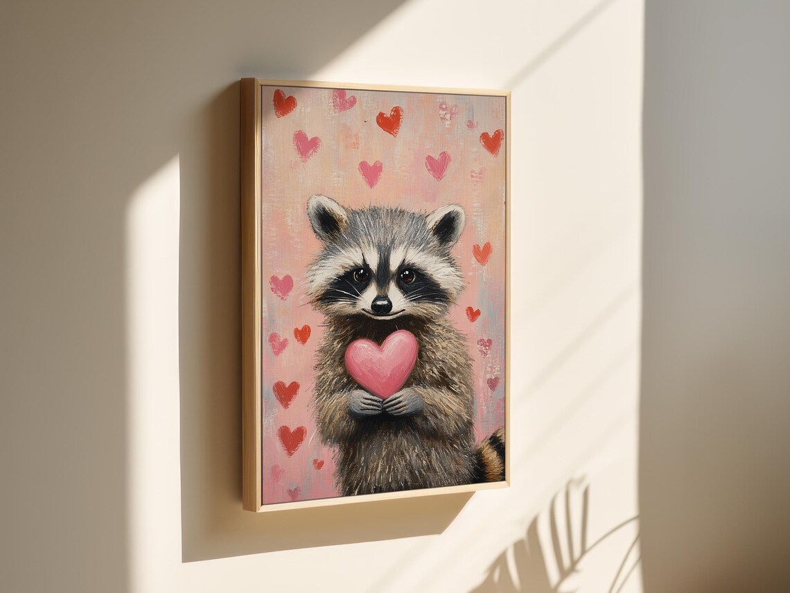 Raccoon Holding Pink Heart Cute Woodland Animal Love Whimsical Poster - Image 6