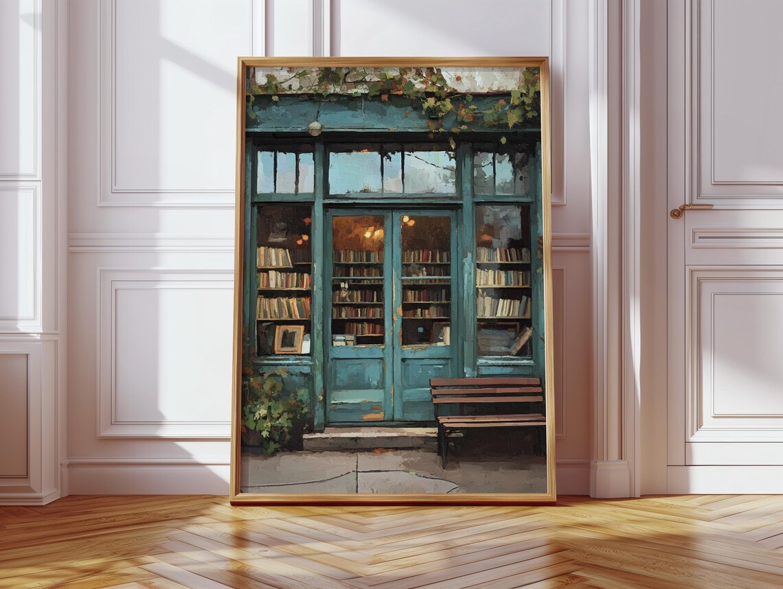 Vintage Bookstore Front, Cozy Urban Library Scene