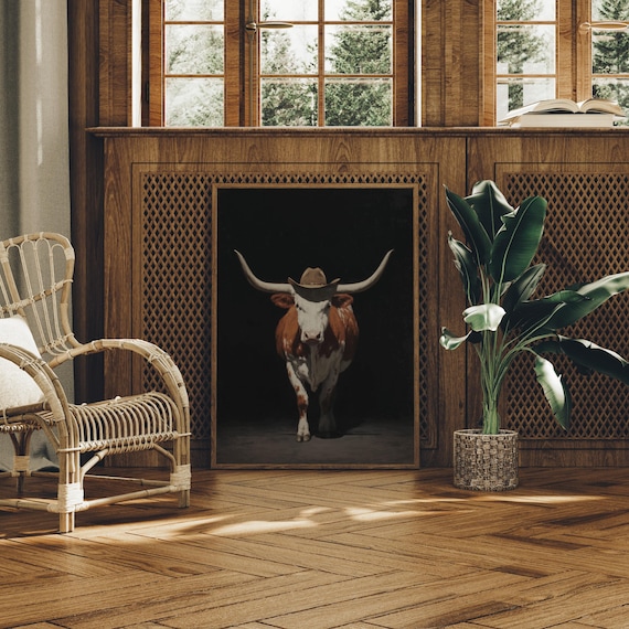 Longhorn Steer Wearing Cowboy Hat Dramatic Western Ranch Art Poster