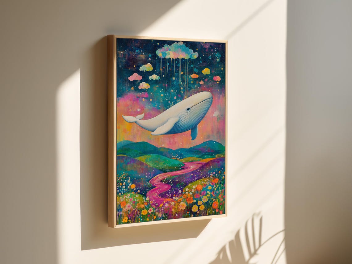 Enchanting White Whale Above Pink Winding River Meadow Poster - Image 3