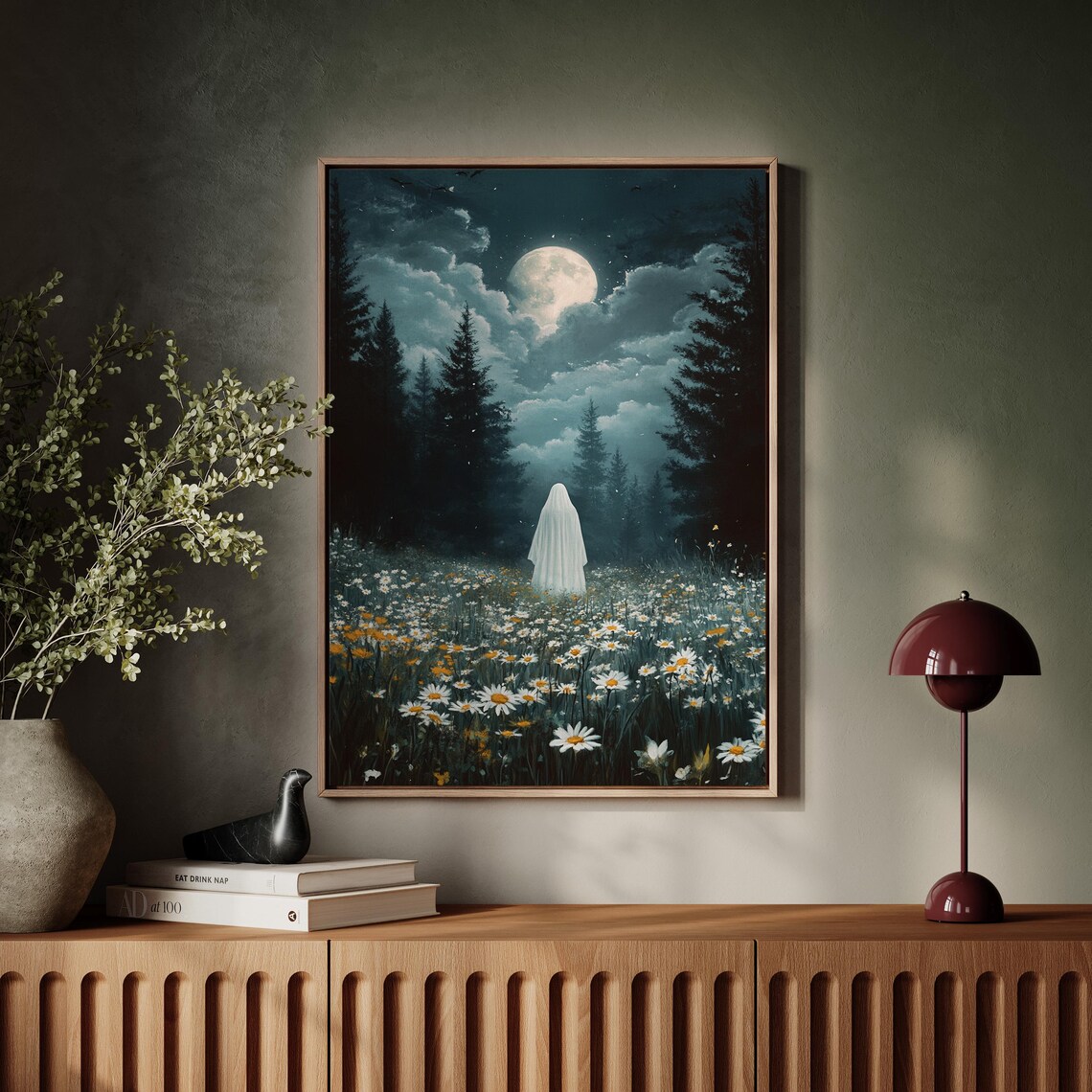 Ghost In Moonlit Daisy Field Night Forest Full Moon Mystical Haunt Poster - Image 3