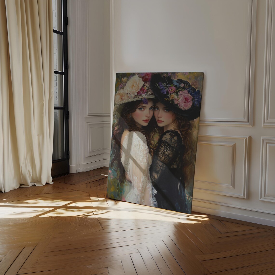 Two Women in Floral Hats Pressed Cheek to Cheek Vintage Poster - Image 3
