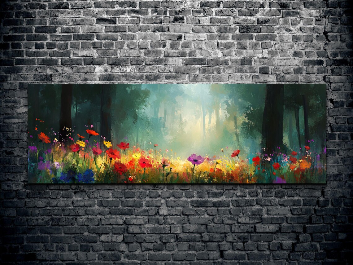 Misty Forest Wild Flower Landscape, Tranquil Art - Image 2