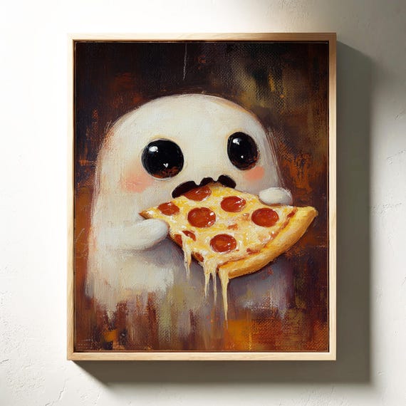 Ghost Eating Pizza Whimsical Halloween Wall Art Spooky Foodie Funny Ghost Poster Cute Ghost And Pizza Lover Artwork For Decor