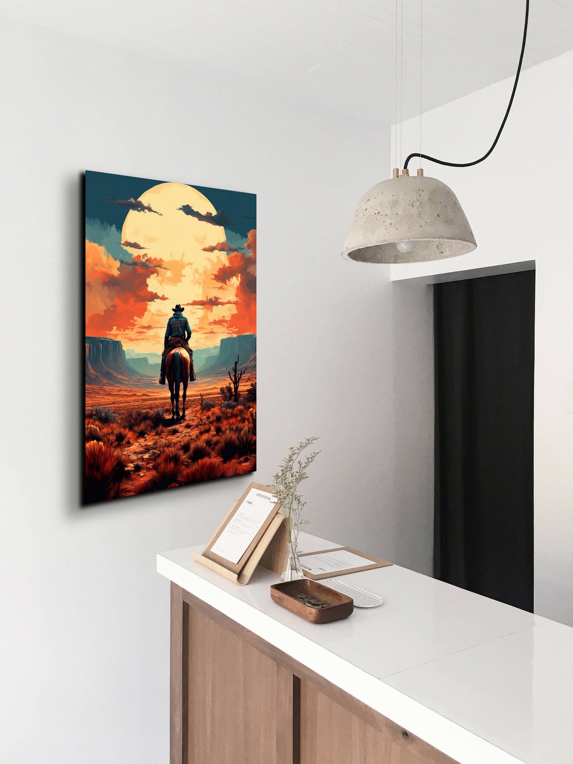 Cowboy Riding Toward Giant Moon Through Desert Canyon Art Poster - Image 6