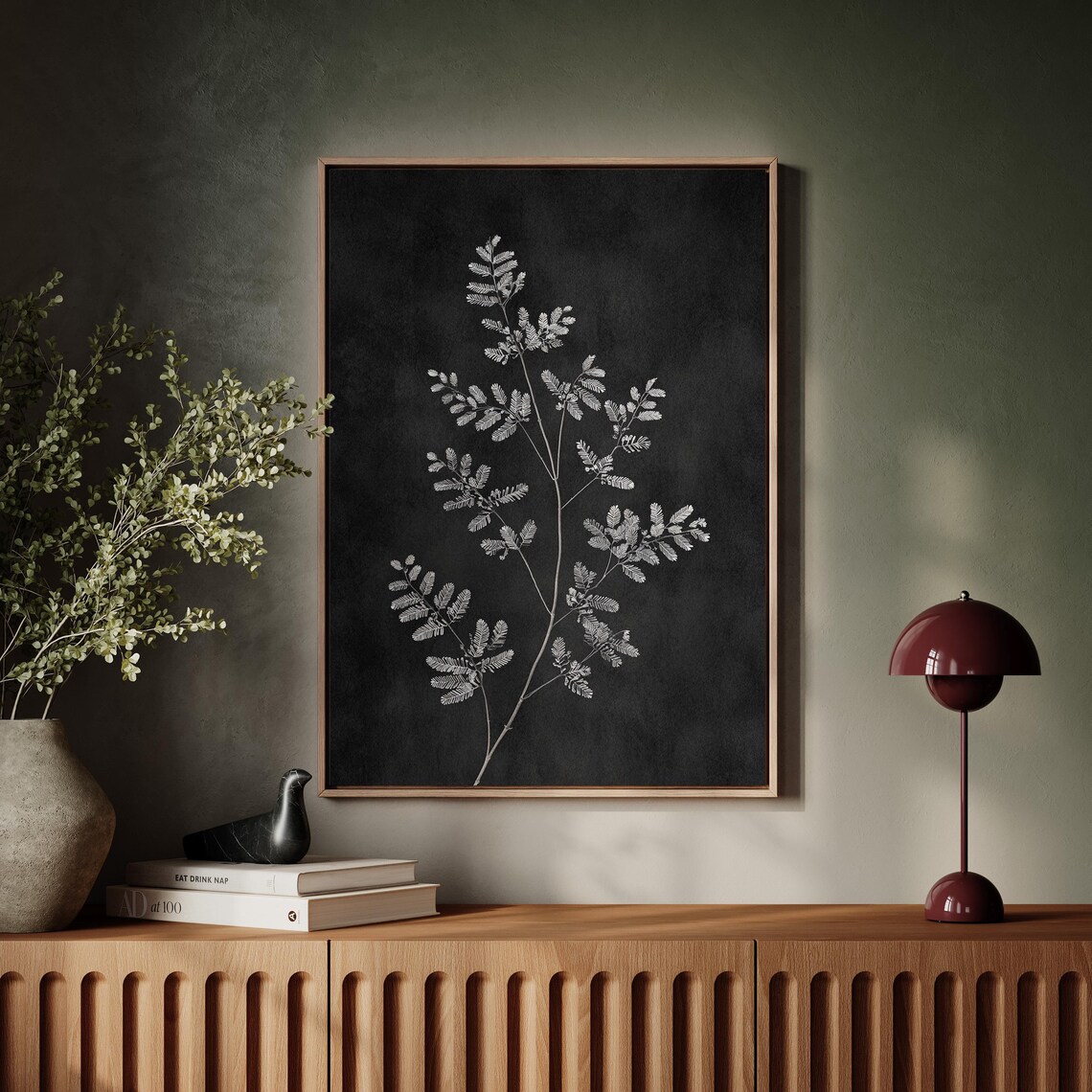 Minimalist Botanical Wall Art White Fern Leaves On Black Background