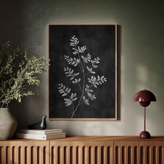 Minimalist White Fern Leaves on Black Modern Botanical Wall Poster