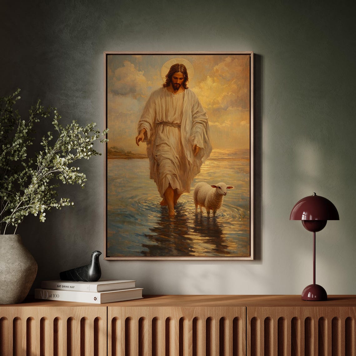 Jesus Christ With Lamb Walking on Water Golden Sky Religious Poster - Image 6