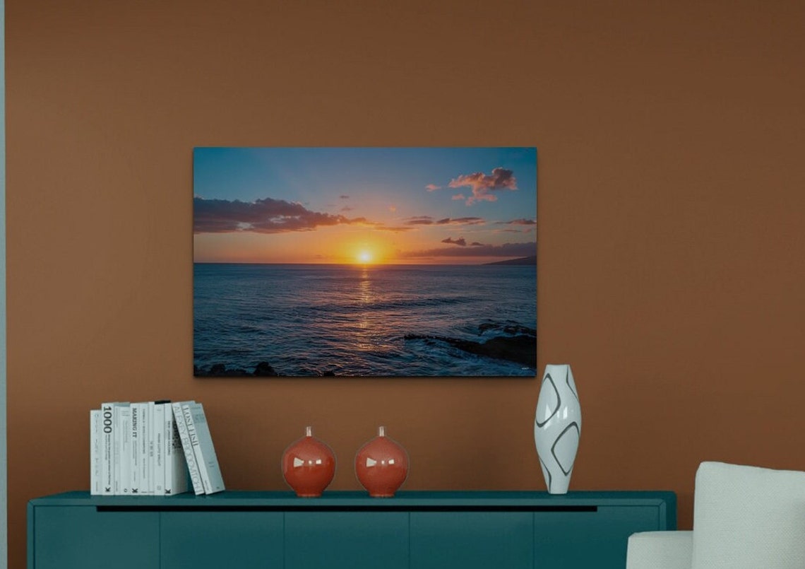 Golden Ocean Sunset Over Calm Water With Warm Reflection Poster