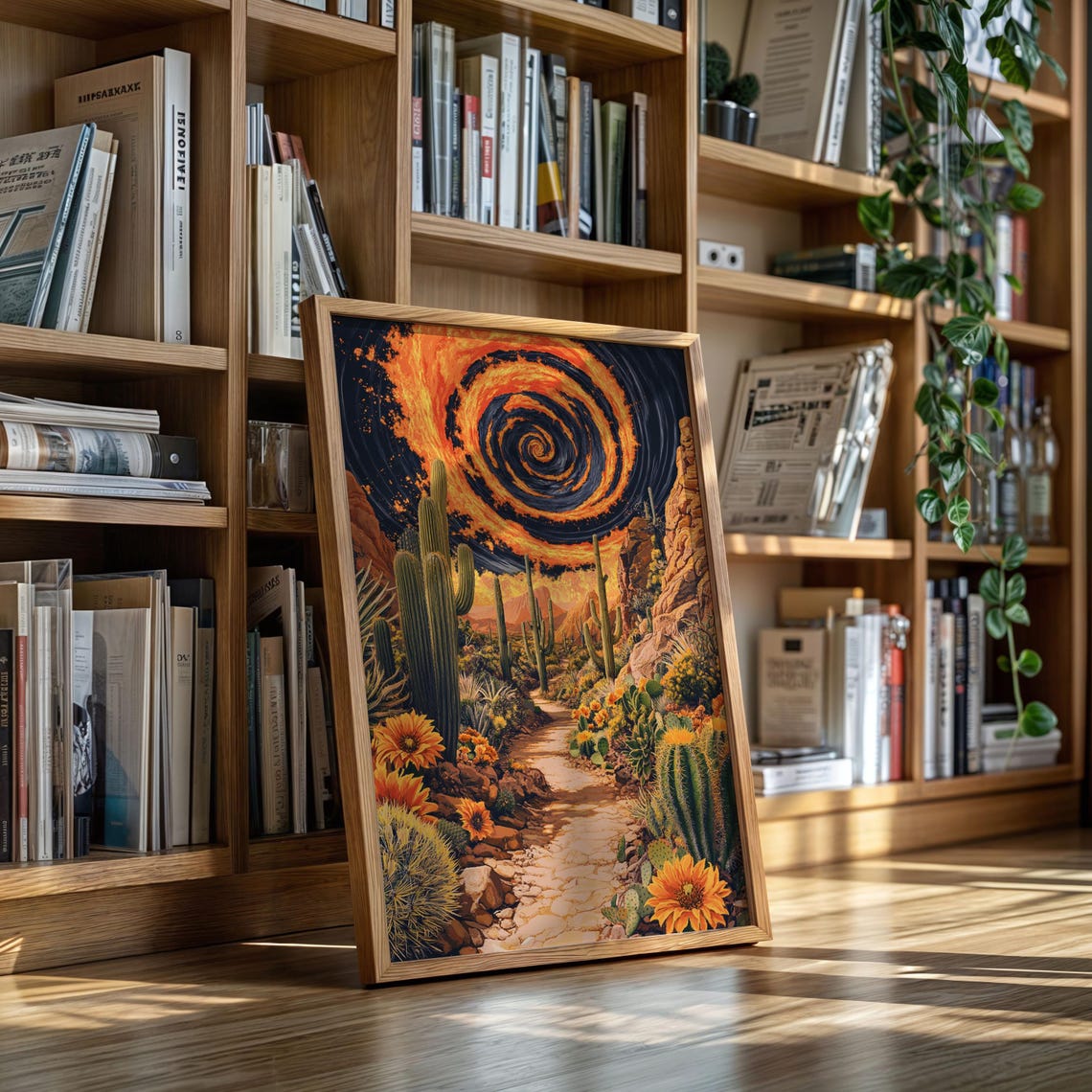 Surreal Desert Cactus Path Fiery Spiral Sky Blooming Flowers Poster