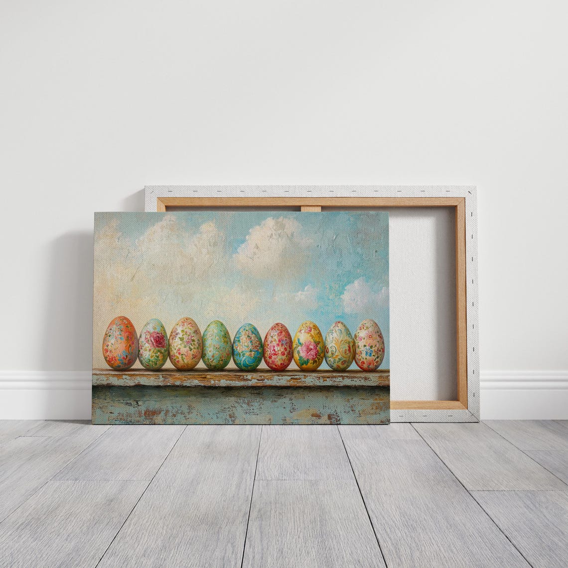 Nine Hand Painted Floral Easter Eggs on Rustic Wooden Shelf Poster - Image 6