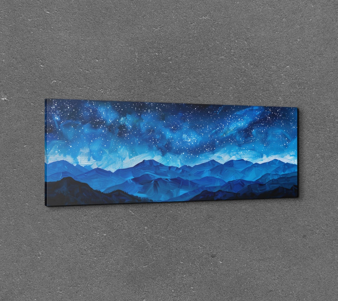 Starry Night Mountain Ridges Deep Blue Impasto Panoramic Art Poster - Image 3