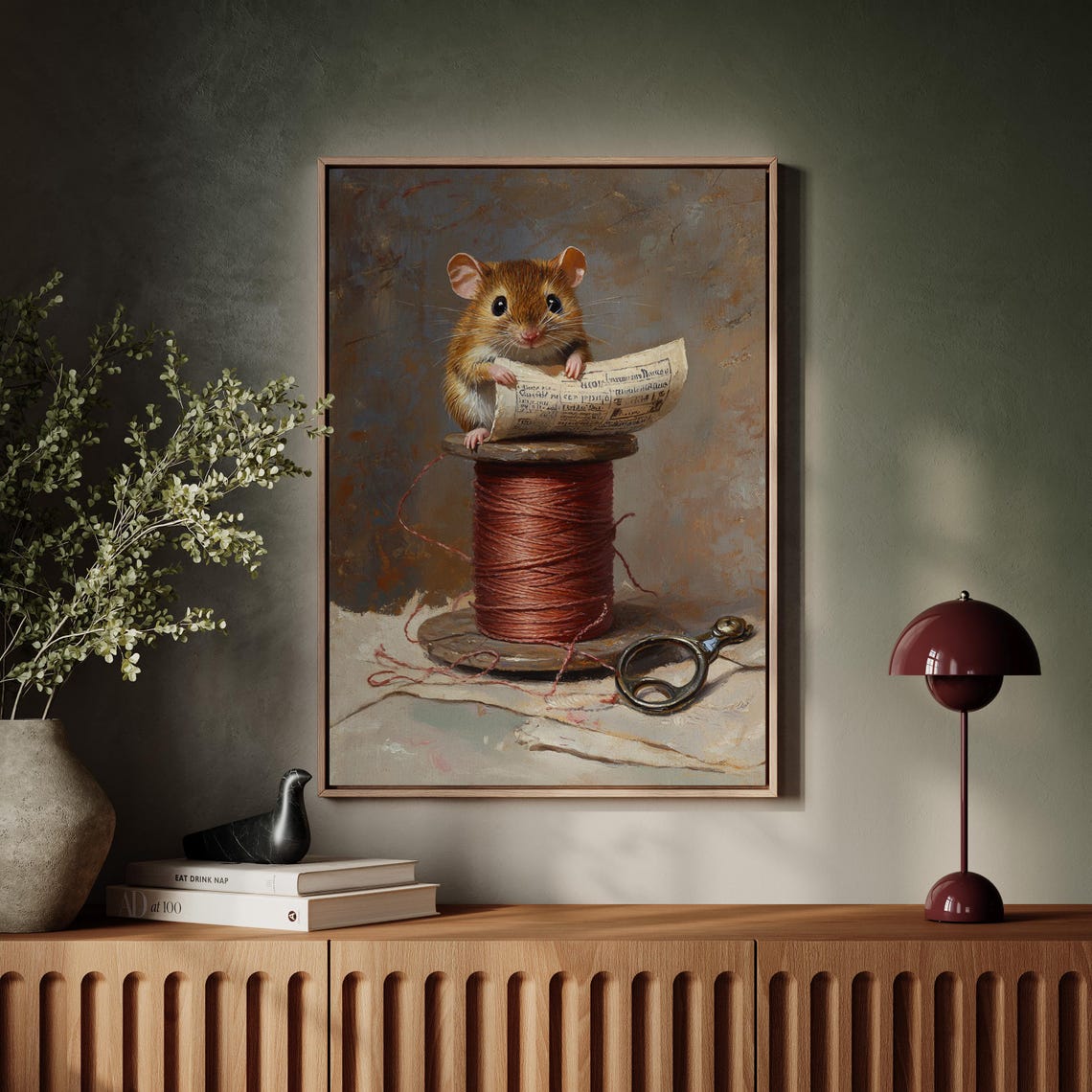 Whimsical Mouse Reading Newspaper On Red Thread Spool Sewing Poster - Image 2