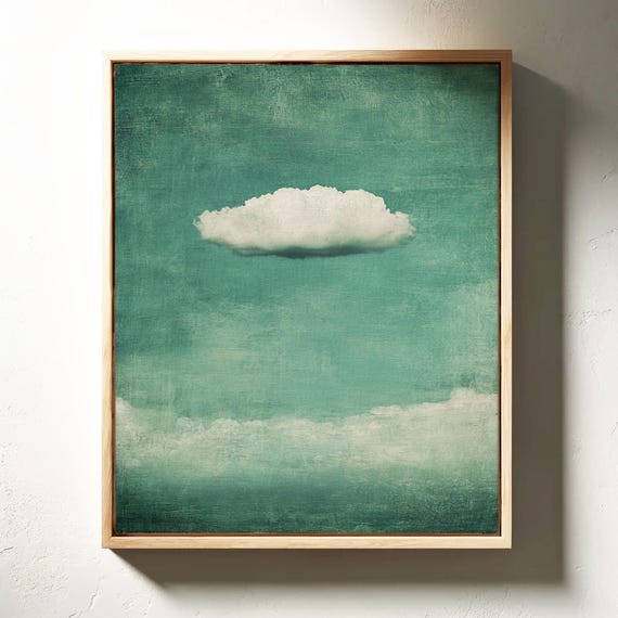 Minimalist White Cloud On Textured Green Sky