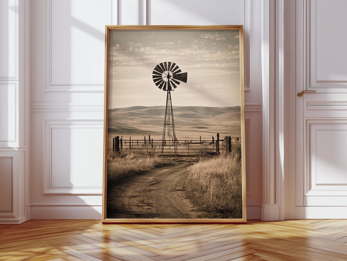 Sepia Windmill Art Print, Rustic Western Farmhouse