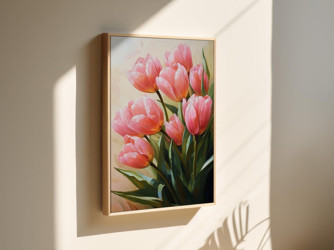 Pink Tulips in Soft Sunlight Cheerful Floral Painting Wall Art - Image 7