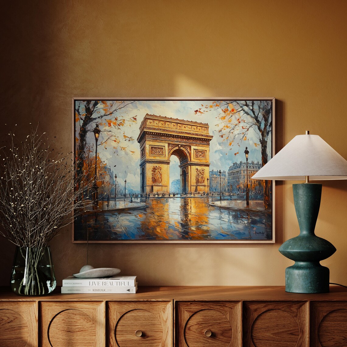 Paris Arc De Triomphe Autumn Rain French Cityscape Oil Poster