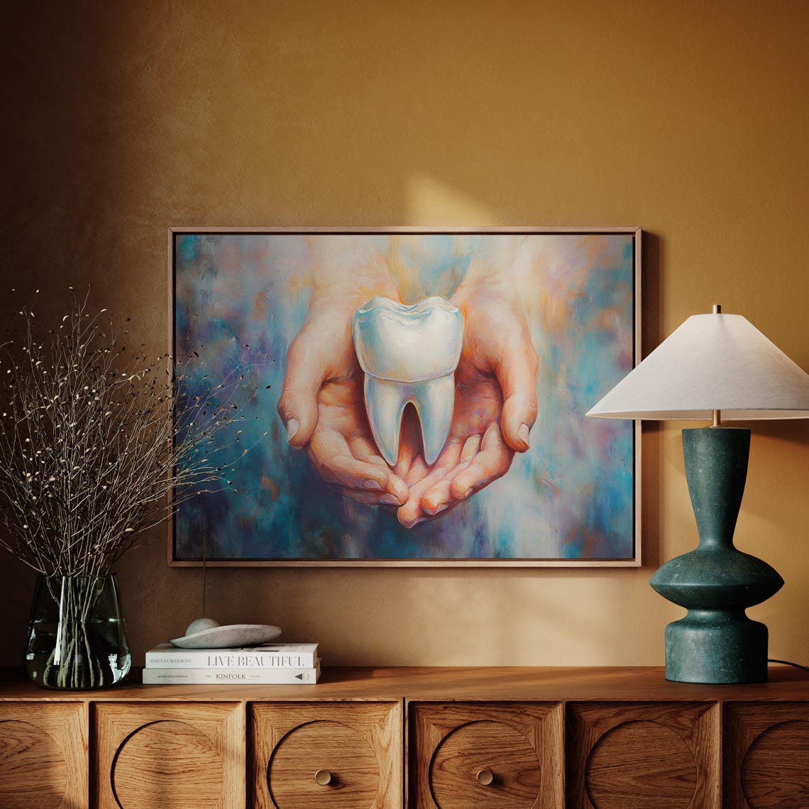 Hands Holding Healthy Tooth Dental Care Art Blue Background Poster - Image 2