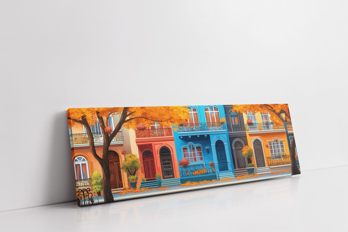 Charming Row Houses Fall Street Scene Vibrant Town Poster Decor - Image 7