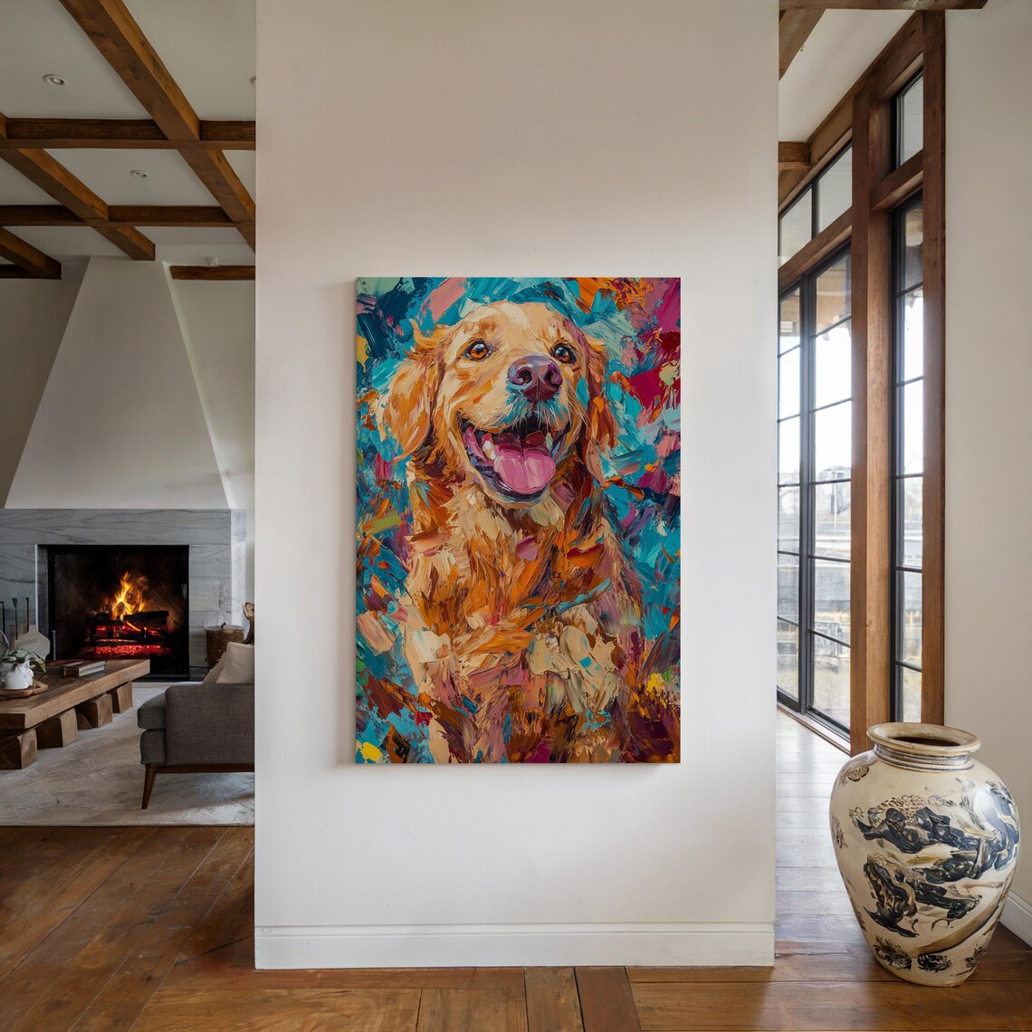 Colorful Golden Retriever Happy Dog Portrait Impasto Painting Wall Art - Image 3