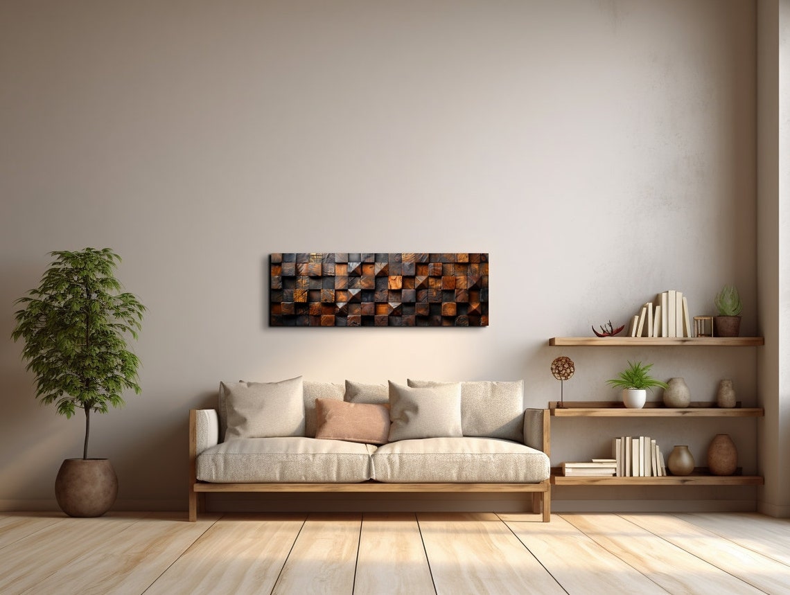 Dark Carved Wood Block Grid 3D Textured Rustic Panoramic Poster - Image 7