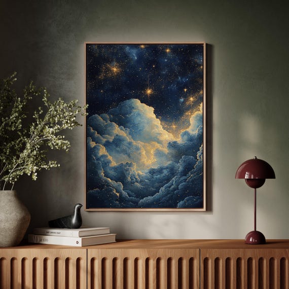 Dreamy Starry Night Sky Art Illuminated Clouds Gold Accents And Celestial Beauty For Enchanting Home Wall Decor