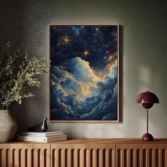 Dreamy Starry Night Sky With Moonlit Clouds Celestial Gold Wall Art Poster