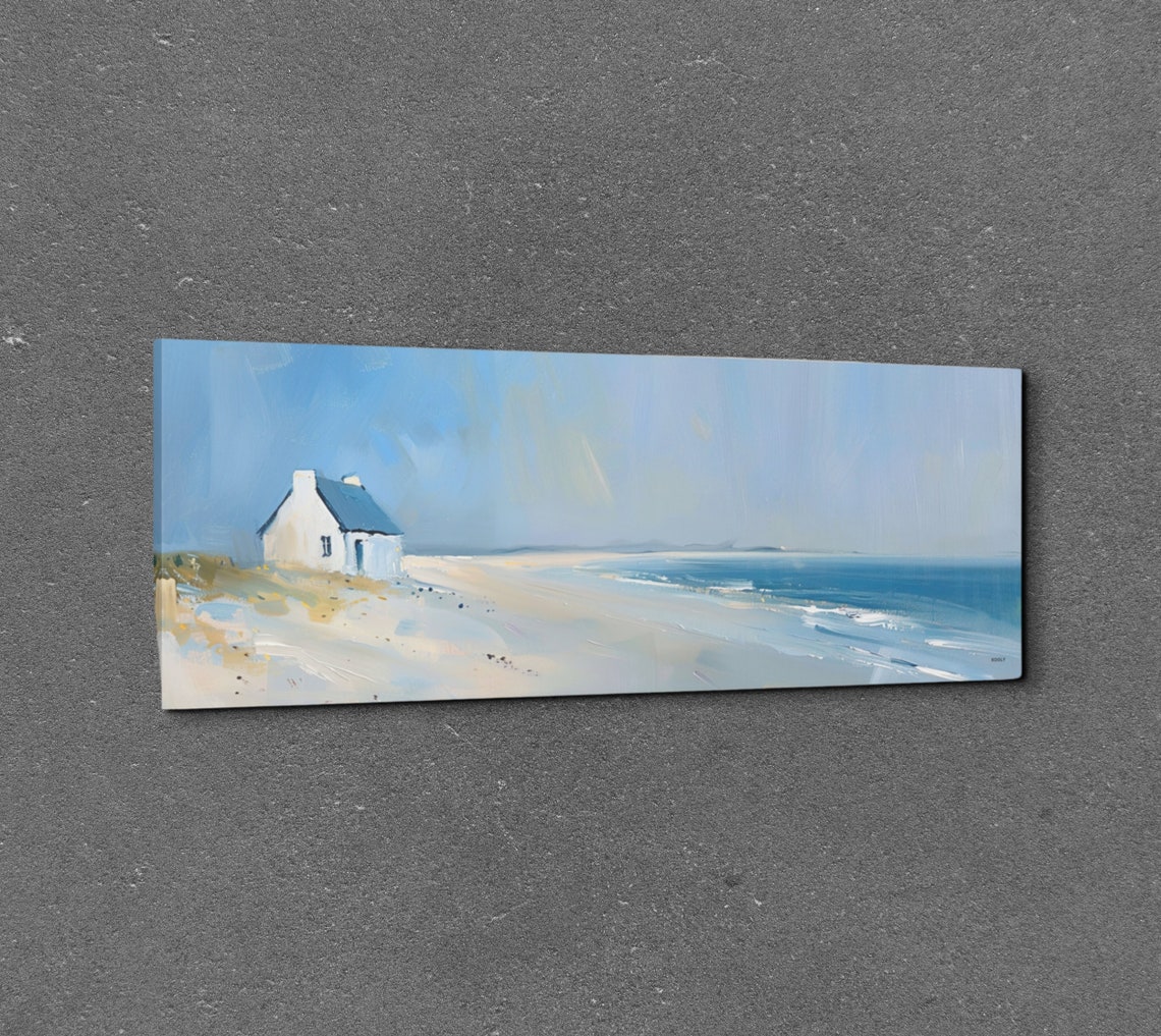 White Beach Cottage Coastal Oil Painting Panoramic Seascape Poster - Image 3