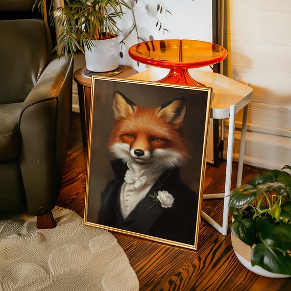 Dapper Fox In Victorian Tuxedo With White Rose Anthropomorphic Canvas Wall Art Whimsical Animal Portrait For Rustic Home Decor