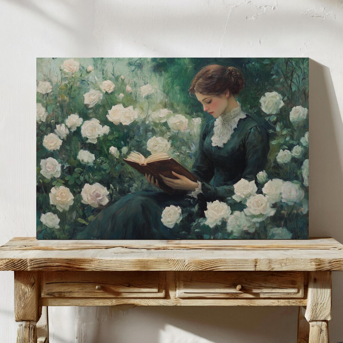 Elegant Woman Reading Amid White Roses Vintage Garden Poster - Image 6